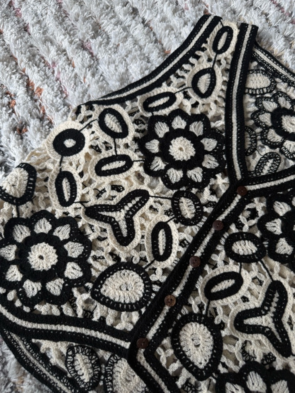 Black and Cream Crochet Vest with Floral Motif